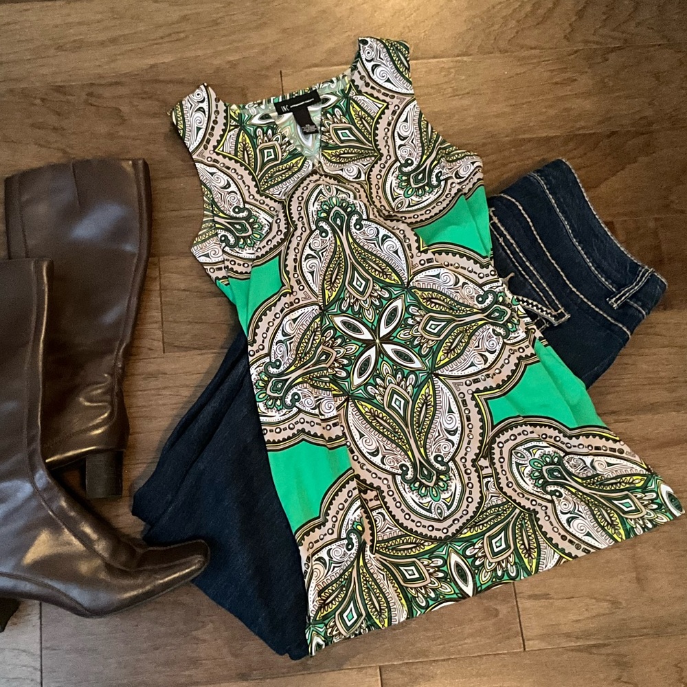 INC.International Concepts Embellished Top Tunic Blouse Green Cowgirl Green Top